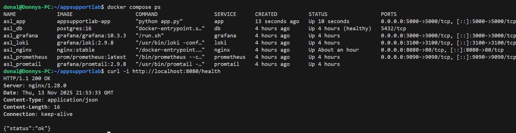 docker compose ps plus a 200 OK response from /api/users