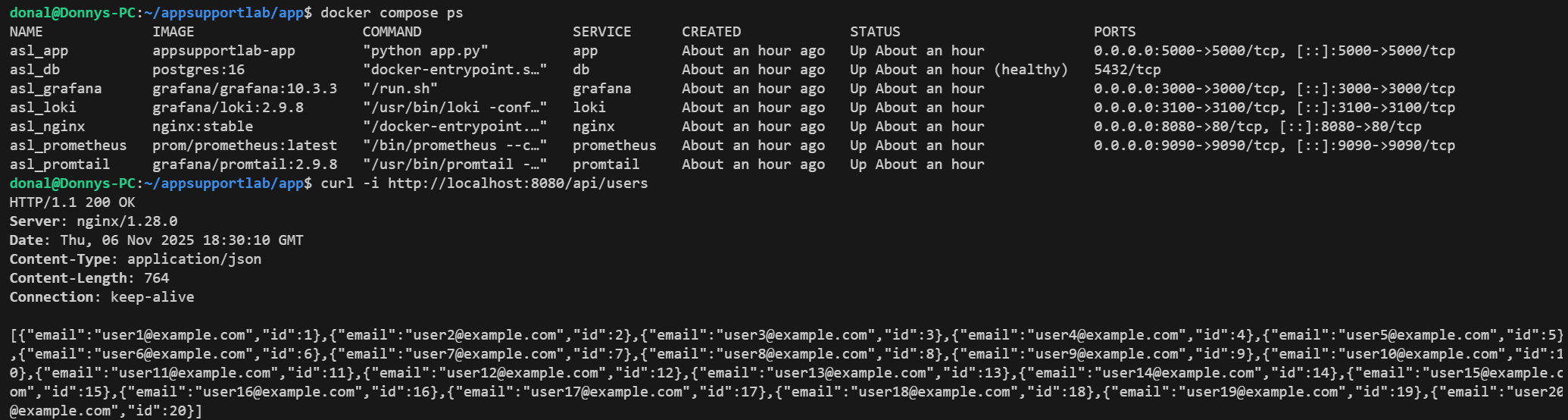 Baseline: docker compose ps shows all services up