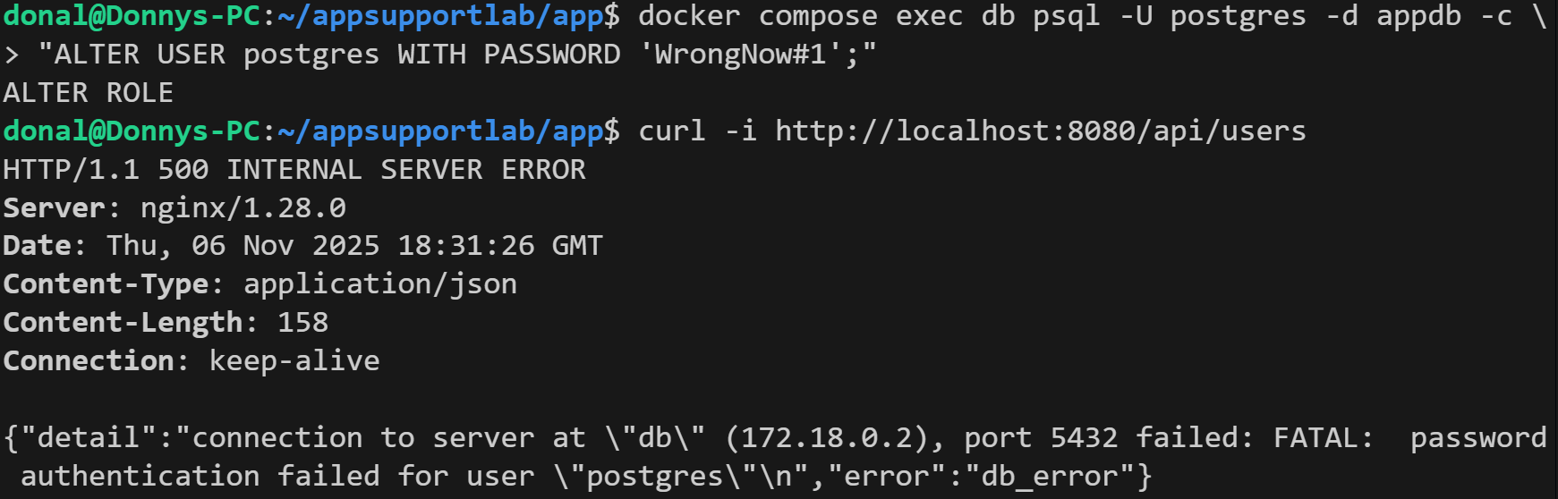 ALTER USER postgres WITH PASSWORD — credential rotation