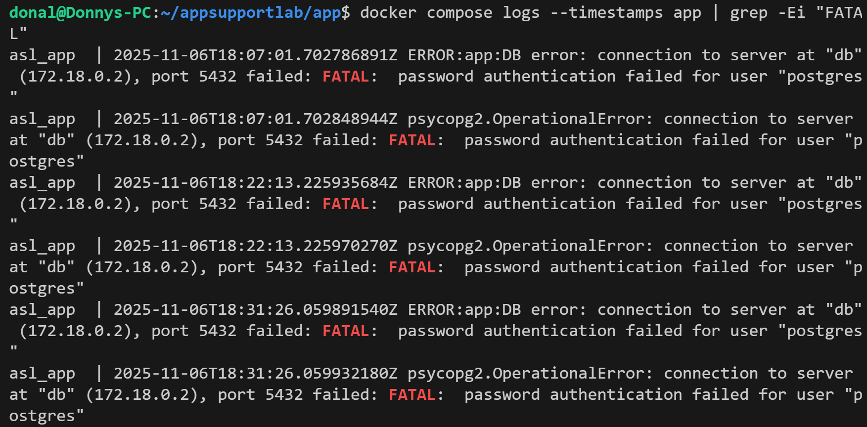 App logs: GET /users 500 and FATAL: password authentication failed