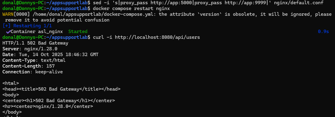 Terminal: curl shows 502 Bad Gateway after upstream misconfig