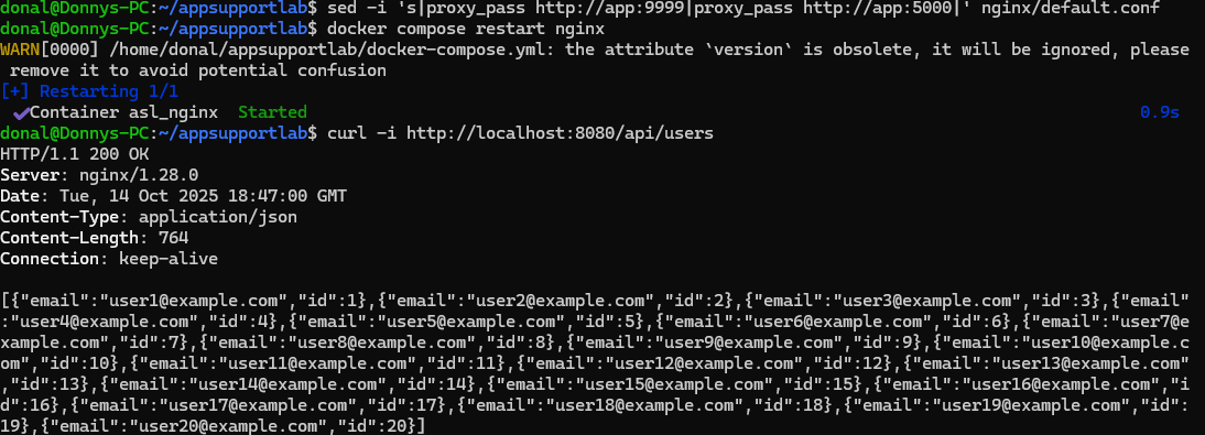 Terminal: curl shows 200 OK after reverting upstream to app:5000